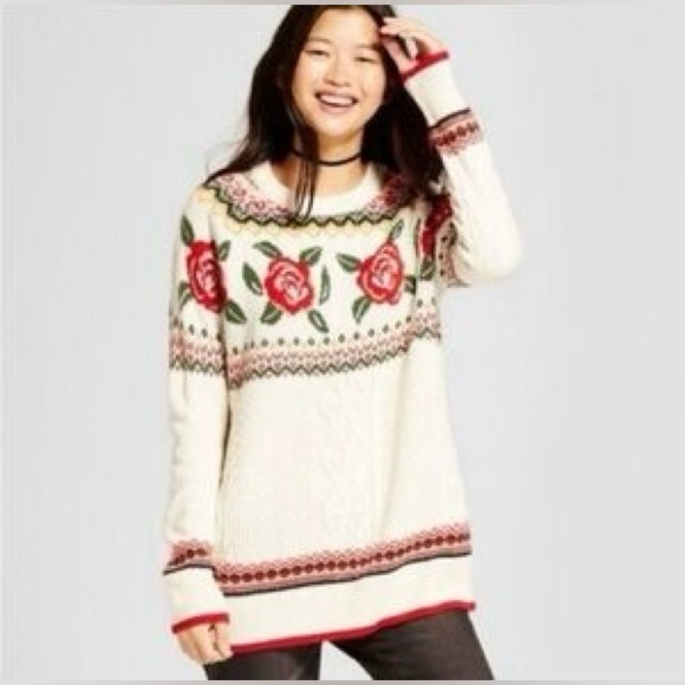 Mossimo Supply Co. White and Red Rose Sweater